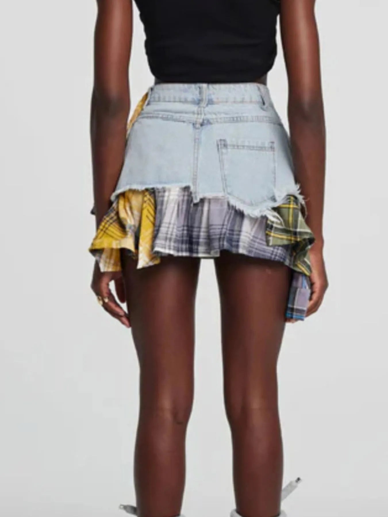 Raw Hem Denim Mini Skirt with Plaid Patch Details - Velora Luxury Fashion