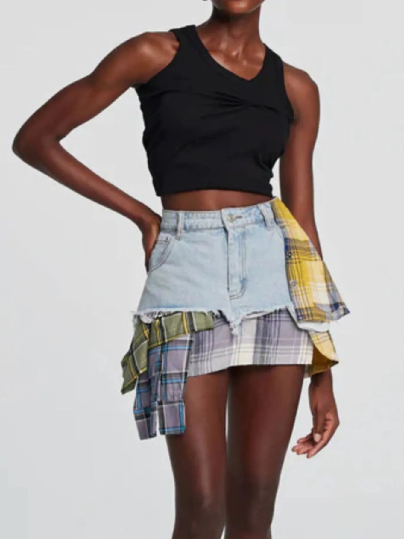Raw Hem Denim Mini Skirt with Plaid Patch Details - Velora Luxury Fashion