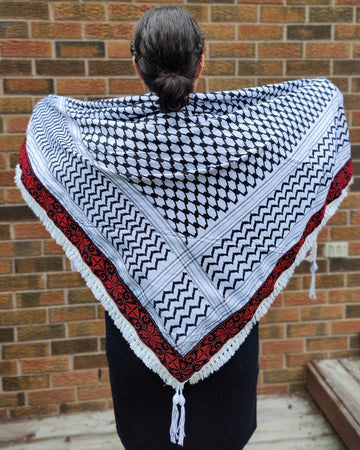 Red Tatreez Kufiya (Keffiyeh) | Triangle Shawl - Velora Luxury Fashion