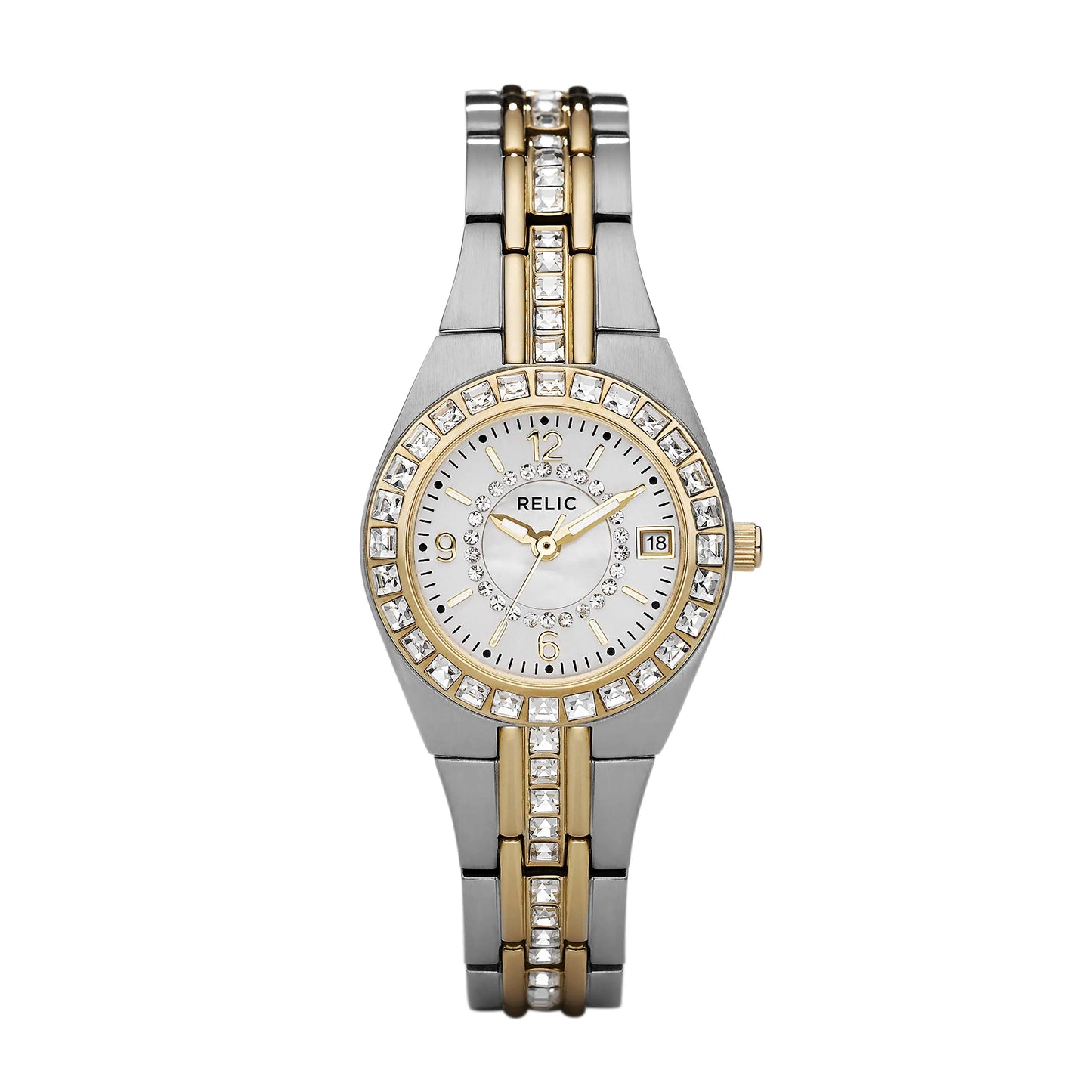 Relic by Fossil Womens Queens Court Three-Hand Date Silver and Gold Two-Tone Stainless Steel Bracelet Dress Watch (Model: ZR11775) - Velora Luxury Fashion