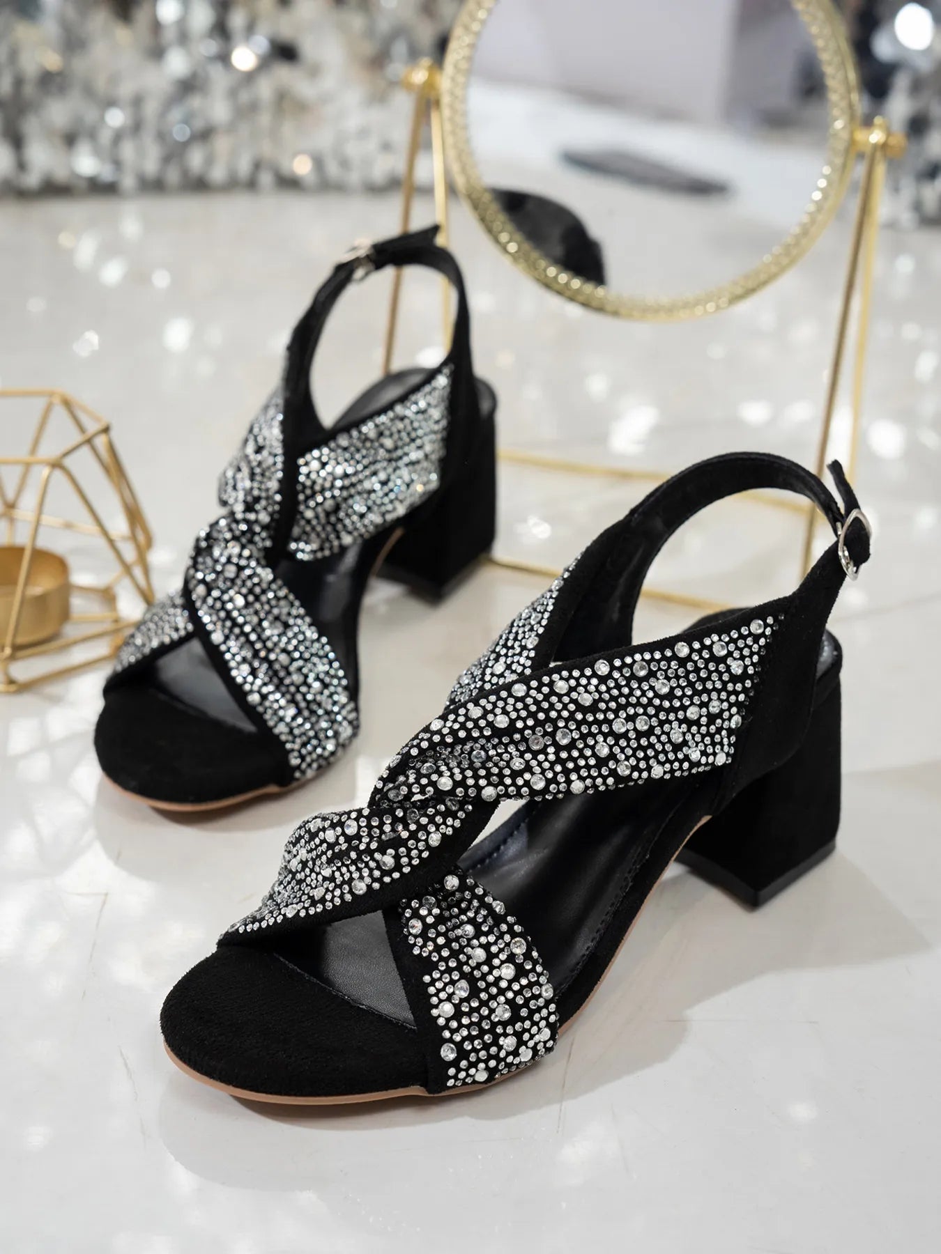 Rhinestone Block Heel Sandals - Velora Luxury Fashion