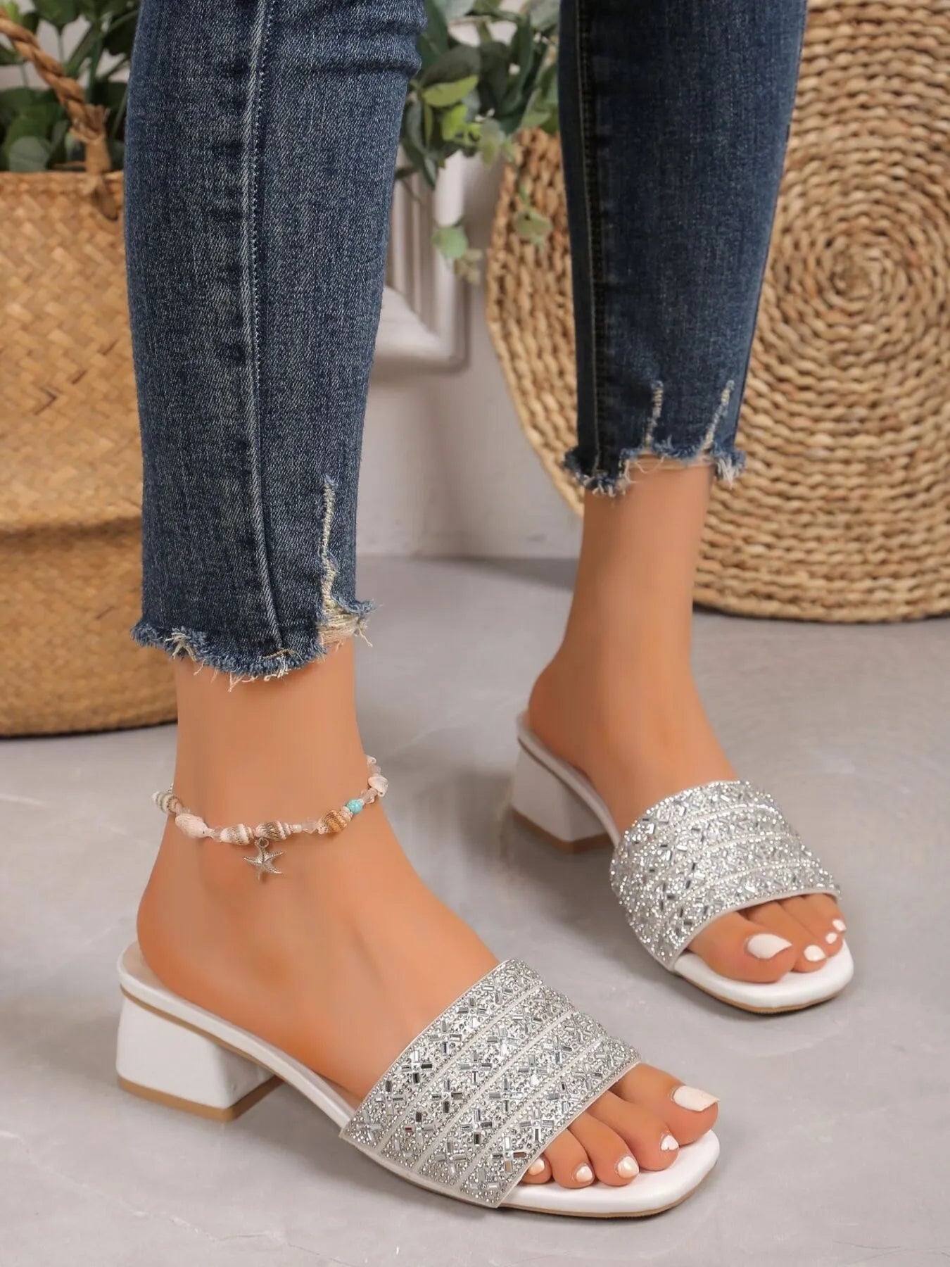 Rhinestone Open Toe Block Heels Sandals - Velora Luxury Fashion