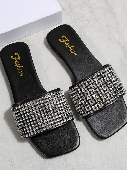 Rhinestone Open Toe Flats Sandals - Velora Luxury Fashion