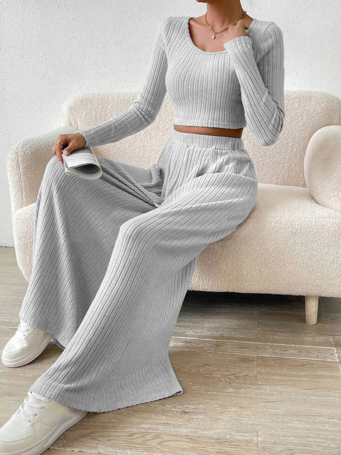 Ribbed Knit Crop Top and Wide Leg Pants Set - Velora Luxury Fashion