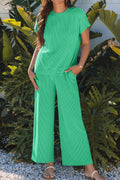 Ribbed Knit Round Neck Top and Pants Casual Set - Velora Luxury Fashion