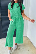 Ribbed Knit Round Neck Top and Pants Casual Set - Velora Luxury Fashion