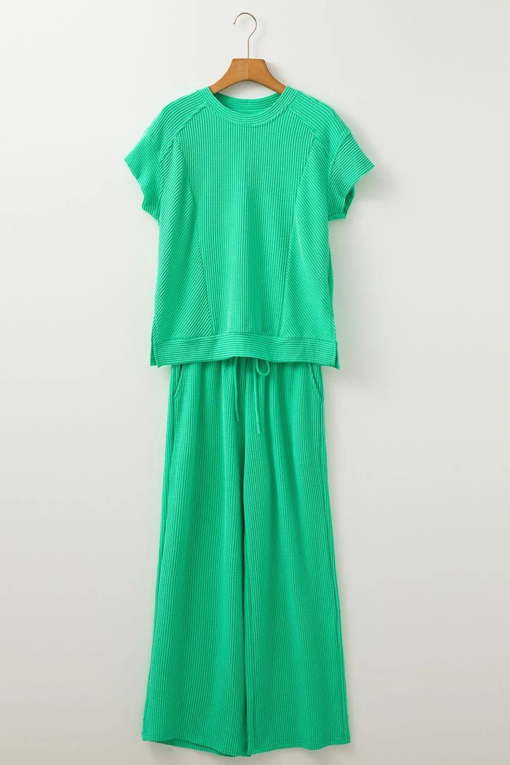 Ribbed Knit Round Neck Top and Pants Casual Set - Velora Luxury Fashion