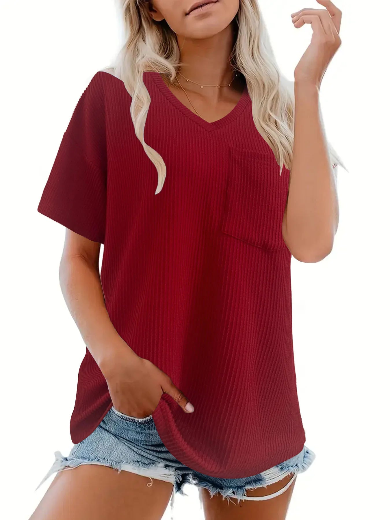Ribbed V-Neck Oversized T-Shirt - Velora Luxury Fashion