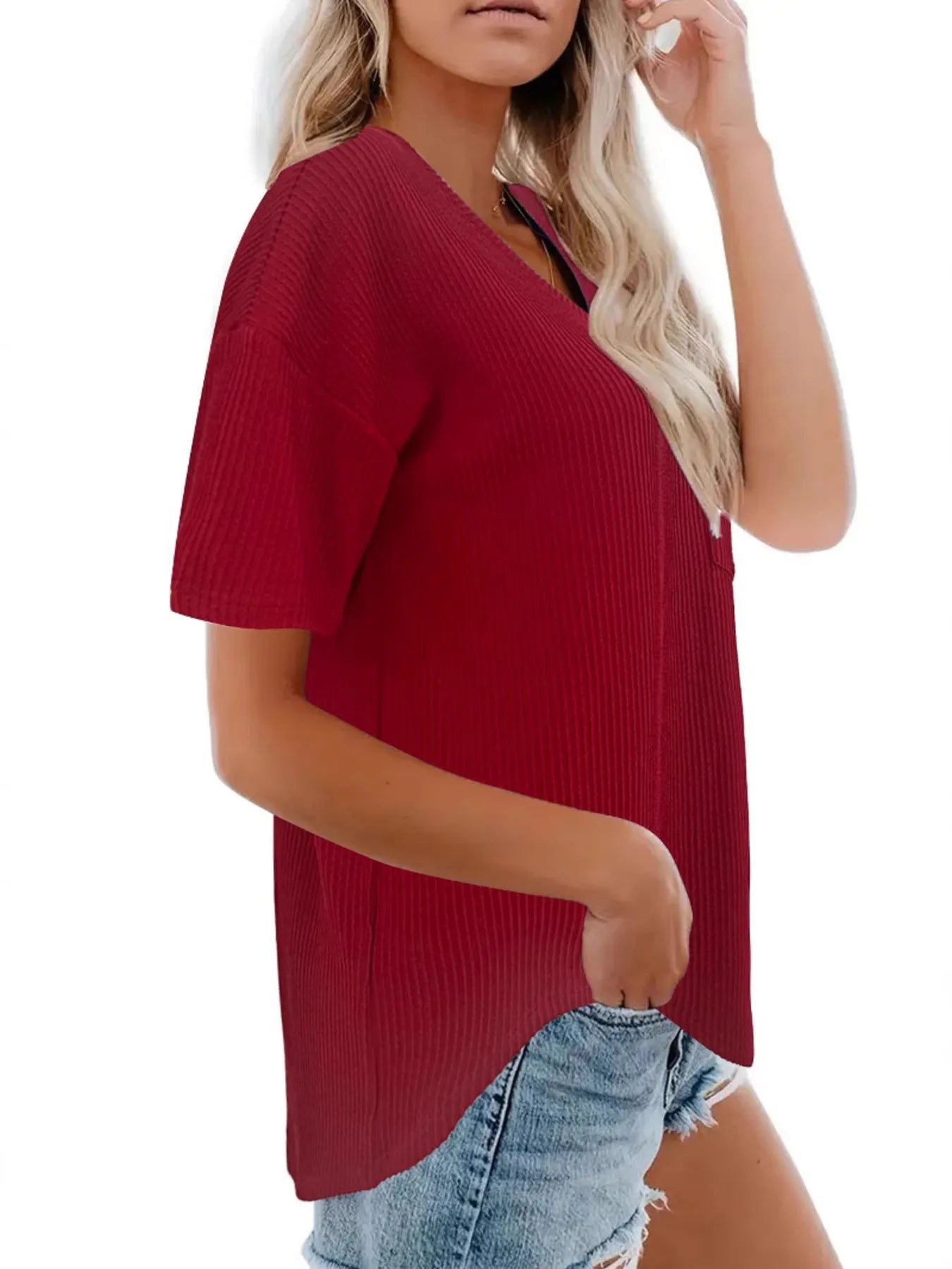 Ribbed V-Neck Oversized T-Shirt - Velora Luxury Fashion