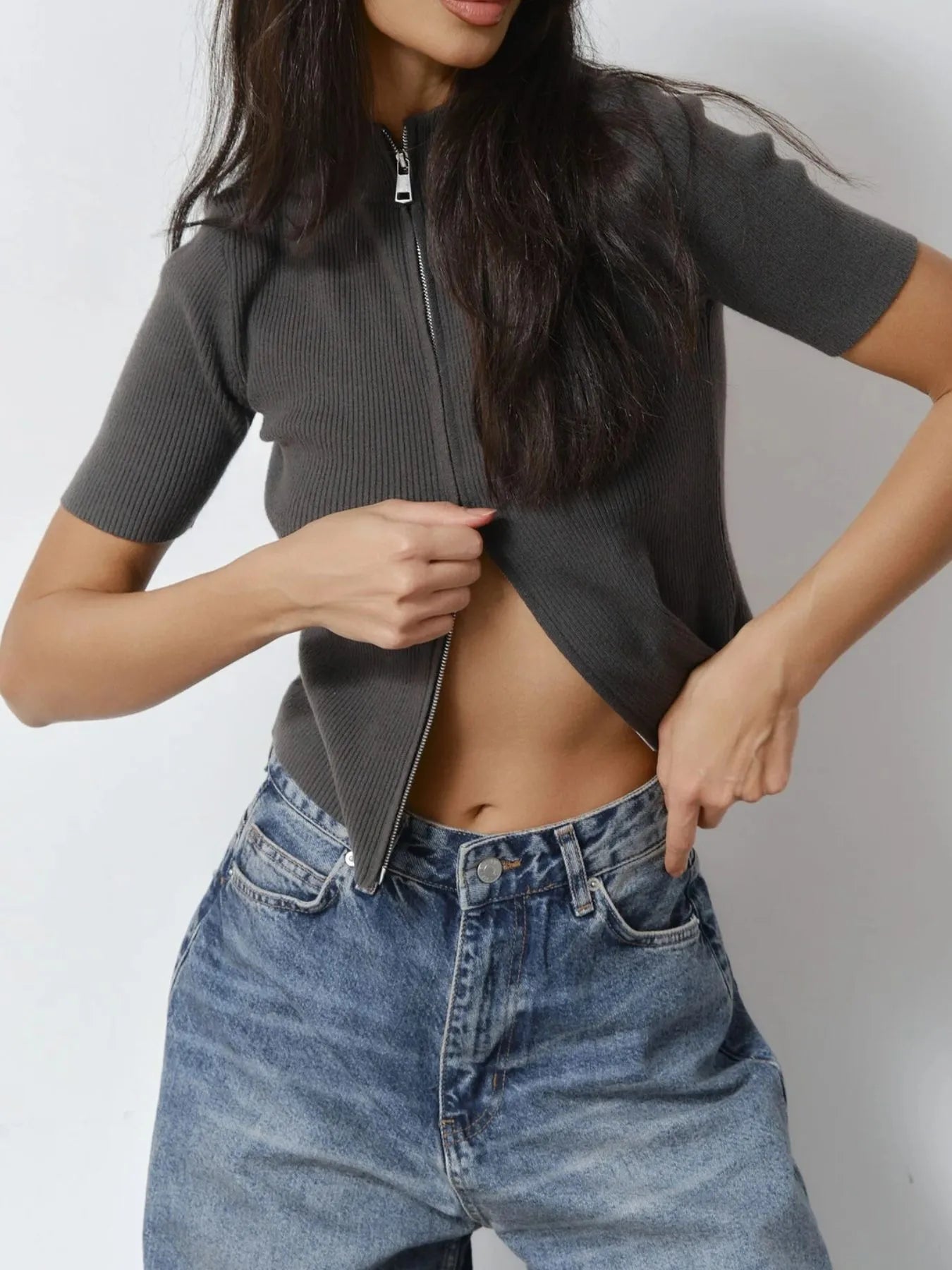 Ribbed Zip-Up Cardigan - Velora Luxury Fashion