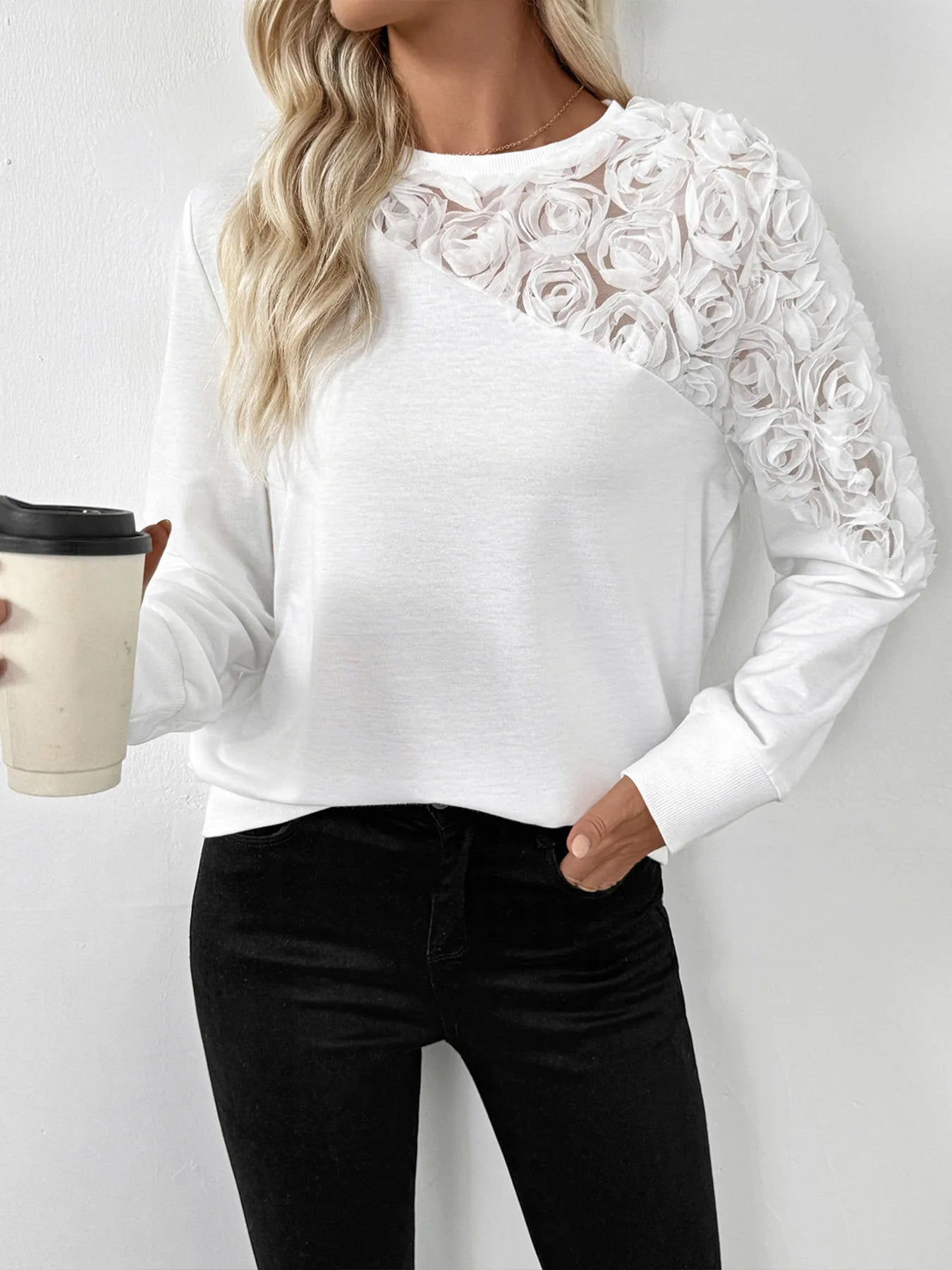 Rose Embroidered Long Sleeve Sweatshirt - Velora Luxury Fashion