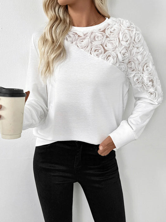 Rose Embroidered Long Sleeve Sweatshirt - Velora Luxury Fashion