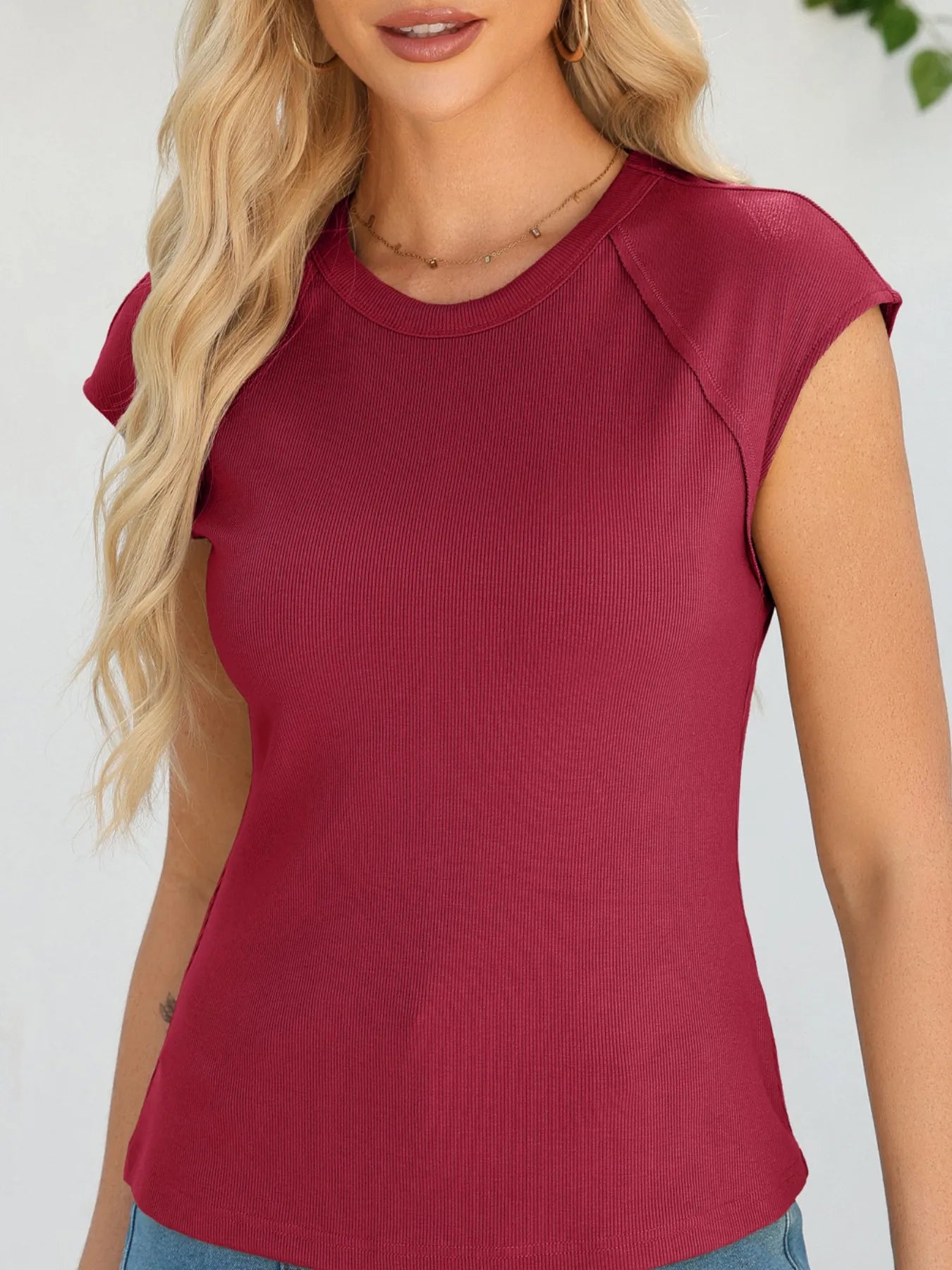 Round Neck Cap Sleeve T-Shirt - Velora Luxury Fashion