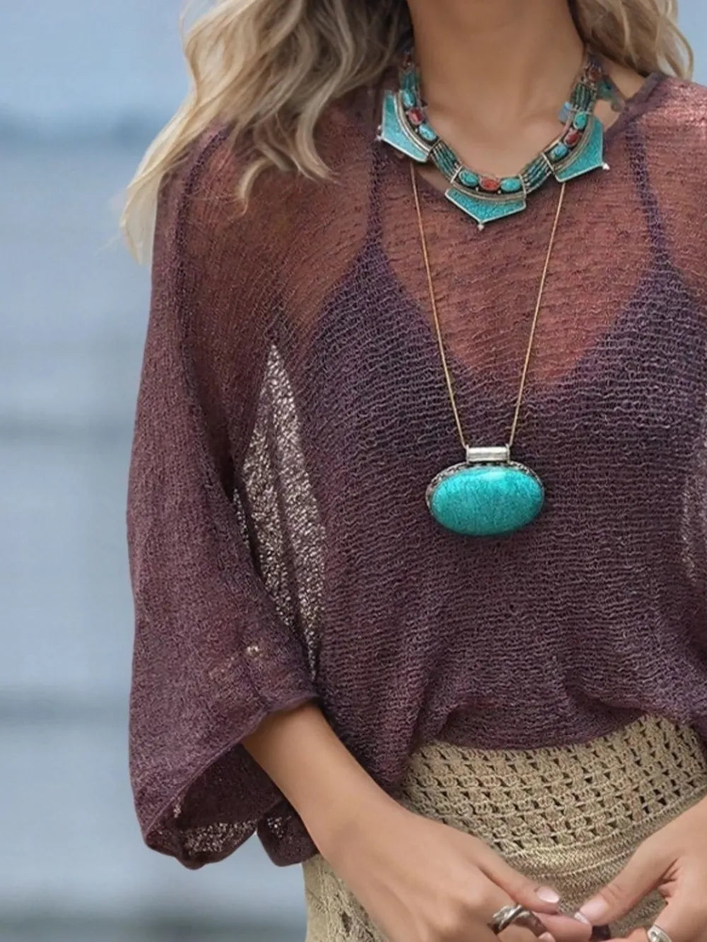 Round Neck Long Sleeve Cover-Up - Velora Luxury Fashion