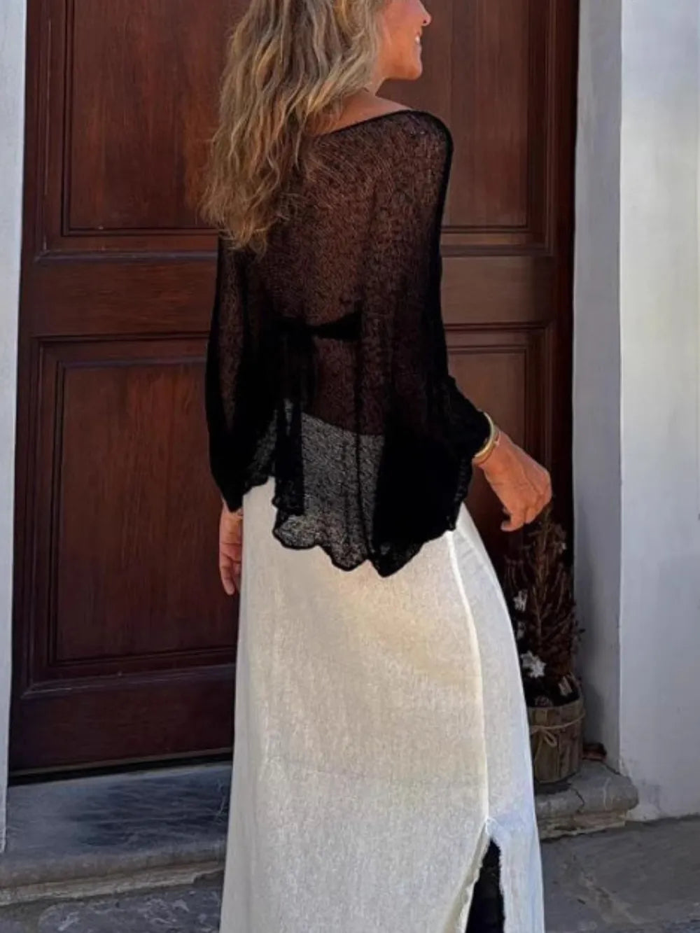 Round Neck Long Sleeve Cover-Up - Velora Luxury Fashion