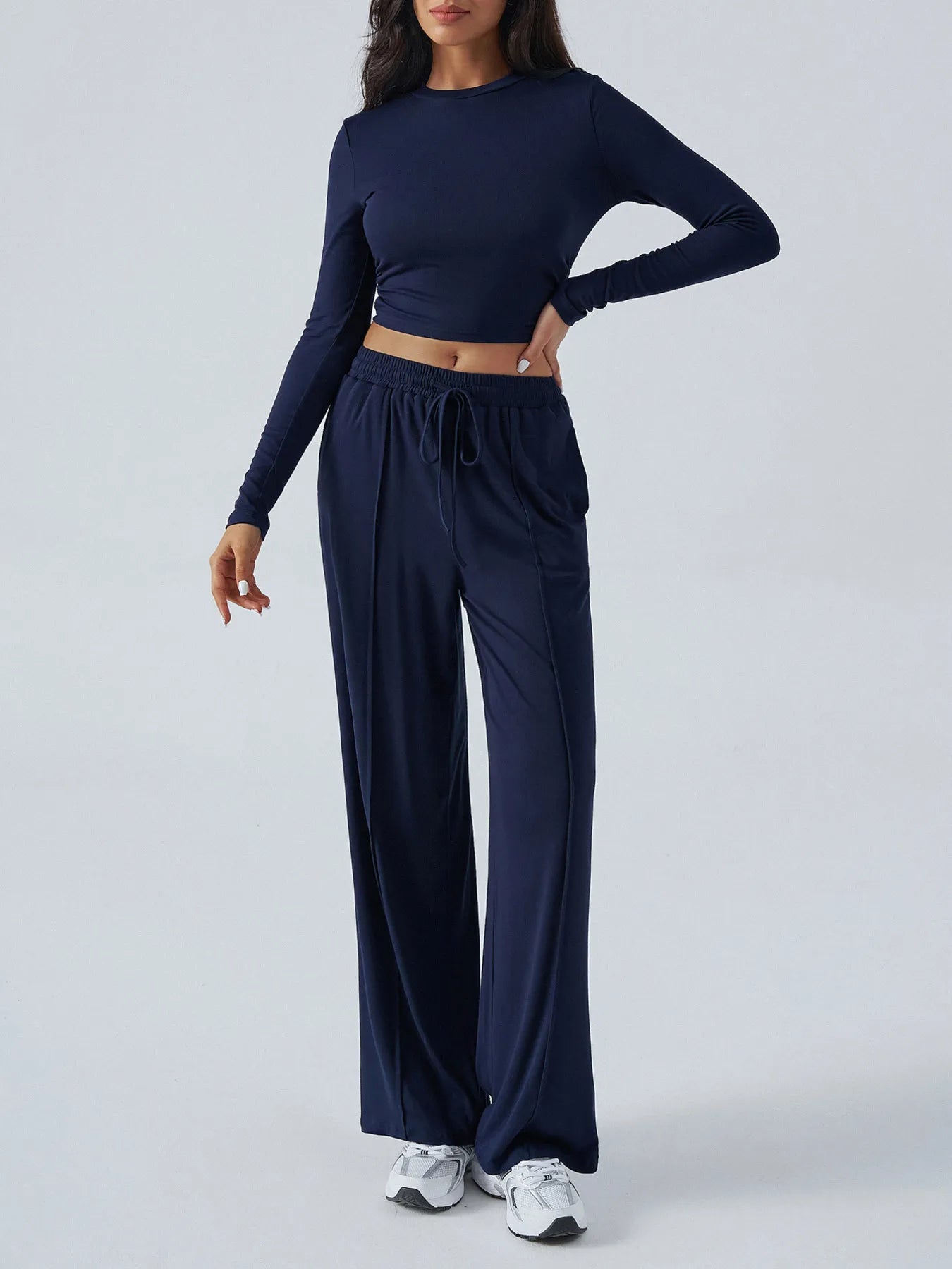 Round Neck Long Sleeve Top and Pants Set - Velora Luxury Fashion