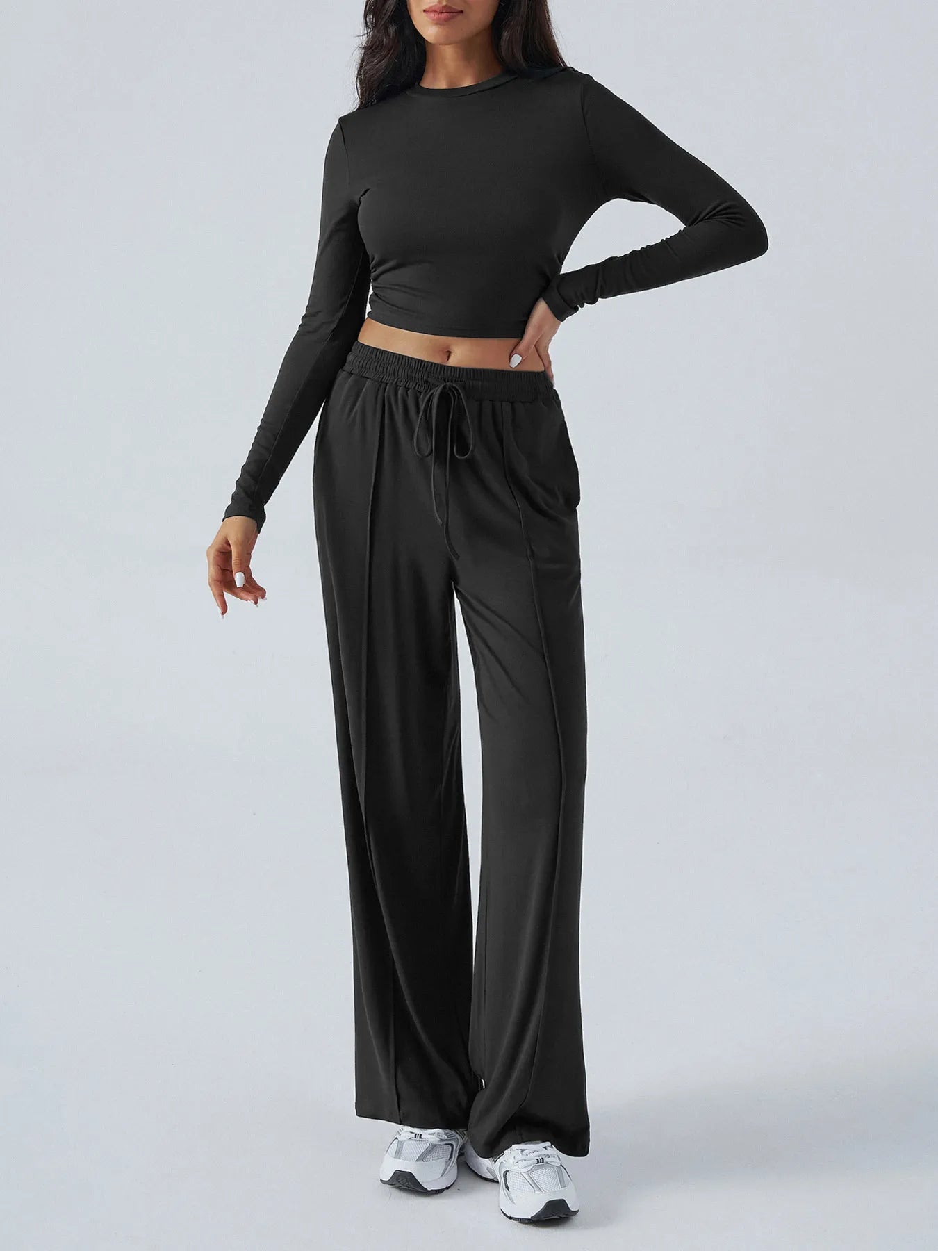 Round Neck Long Sleeve Top and Pants Set - Velora Luxury Fashion