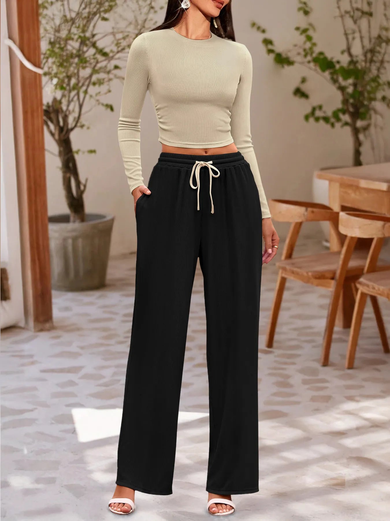 Round Neck Long Sleeve Top and Pants Set - Velora Luxury Fashion