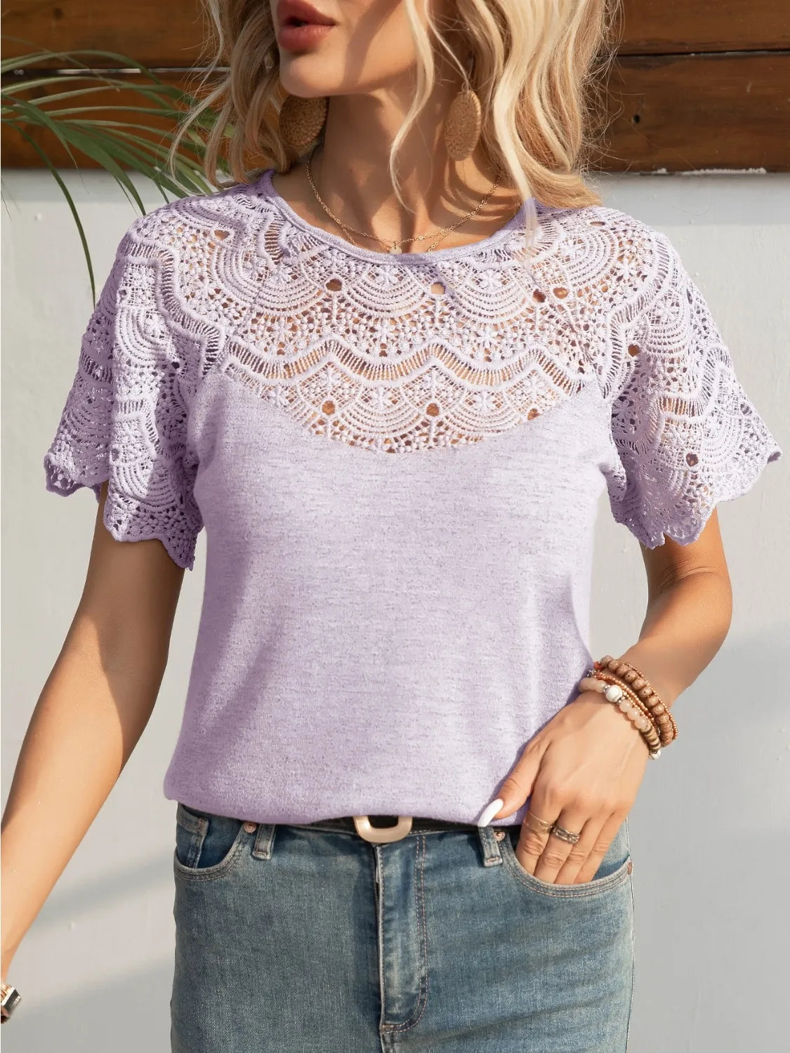 Round Neck Short Sleeve Crochet Top - Velora Luxury Fashion