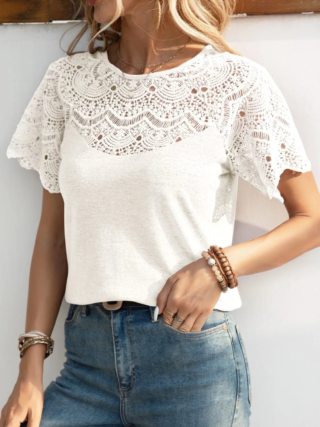 Round Neck Short Sleeve Crochet Top - Velora Luxury Fashion