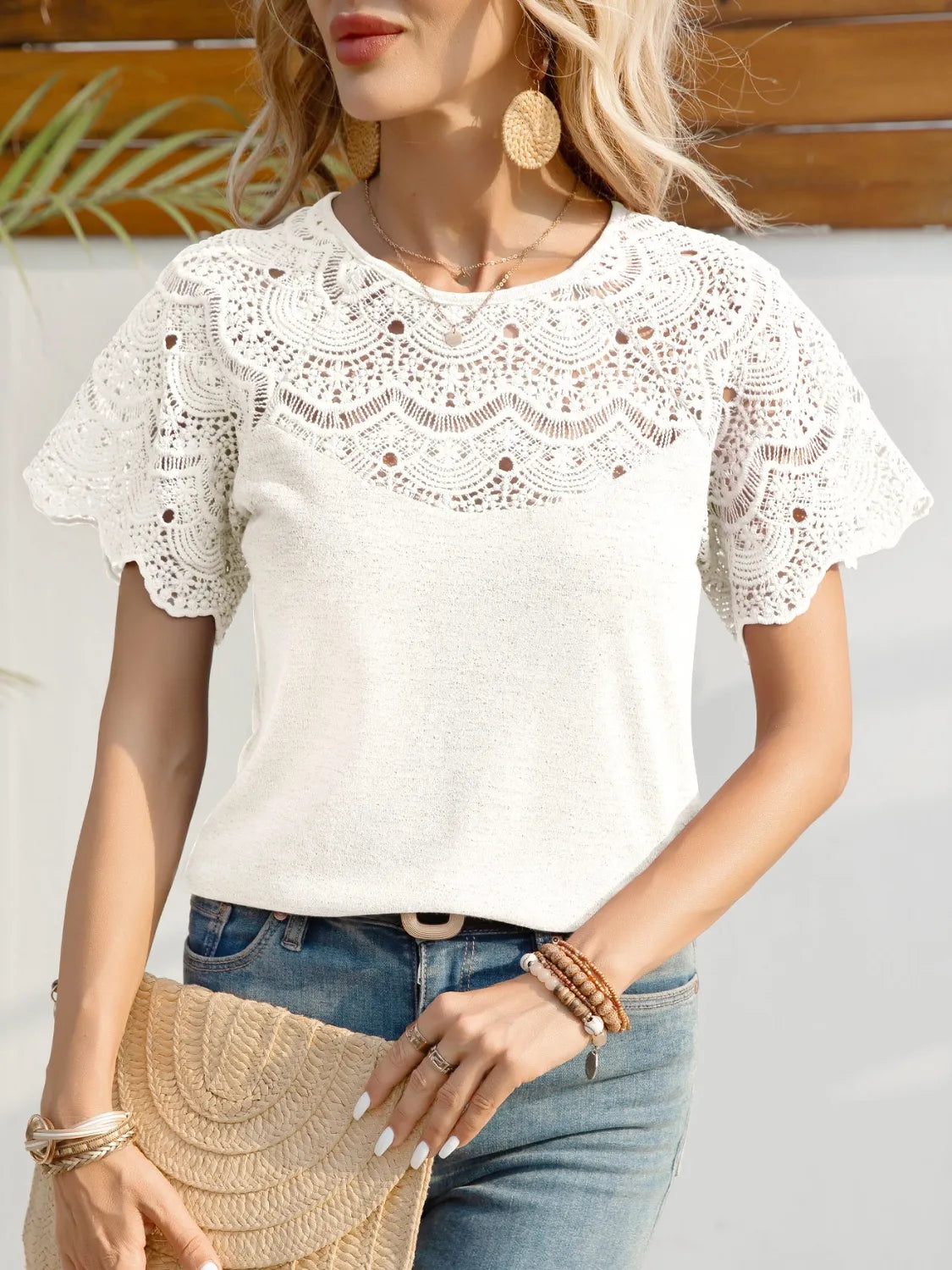 Round Neck Short Sleeve Crochet Top - Velora Luxury Fashion