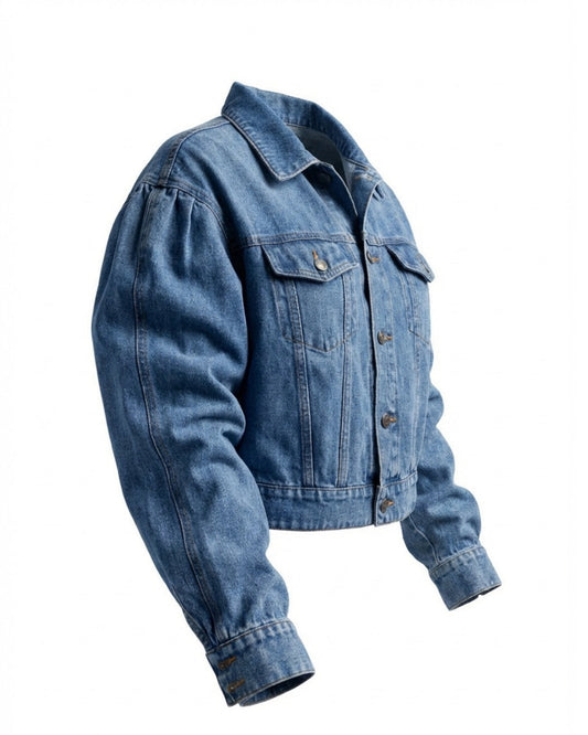 Roxanne - Women’s Cropped Pleated Sleeve Jacket Denim