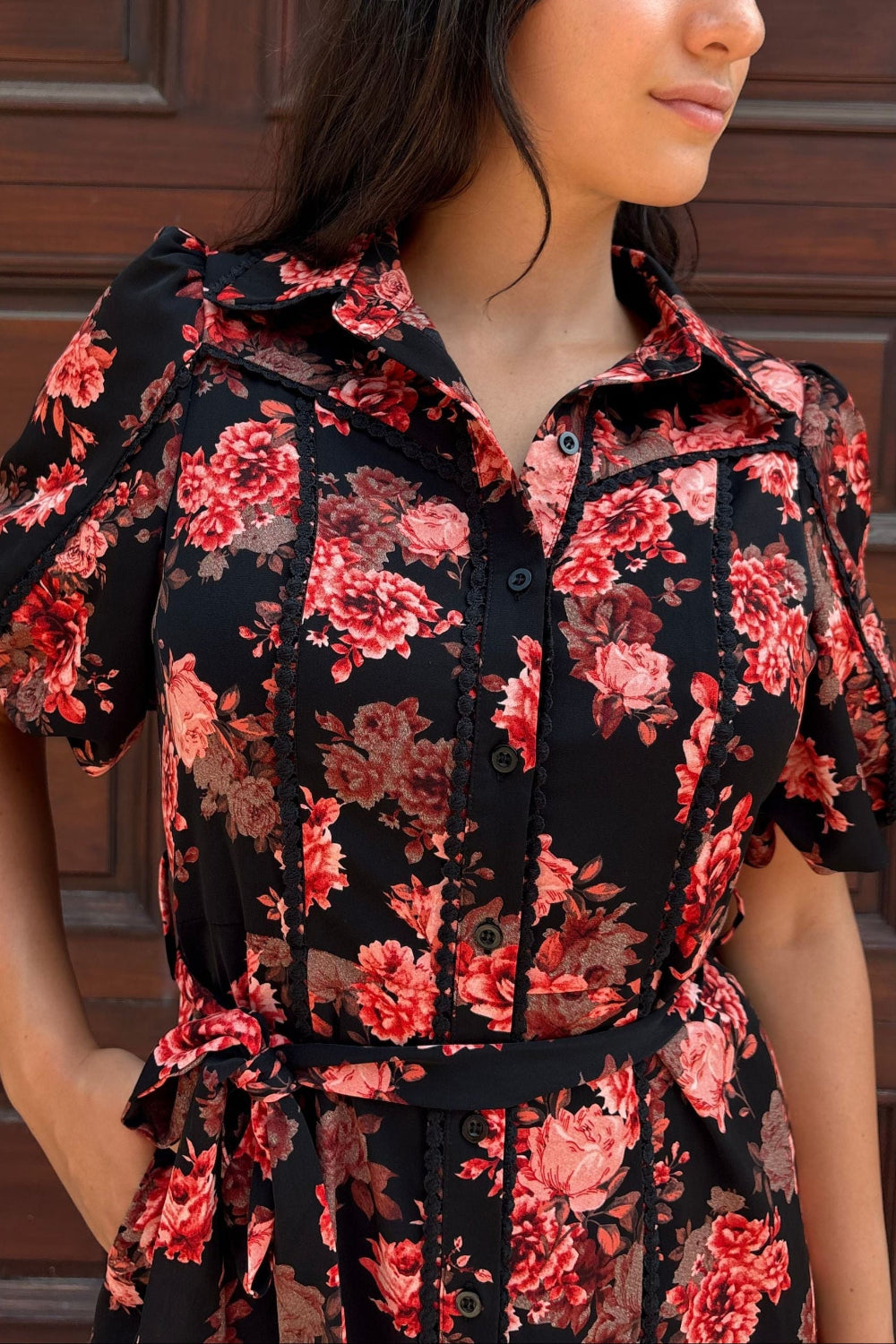Ruby Black Floral Print Shirt Dress Belted Short Sleeves Button Front - Velora Luxury Fashion