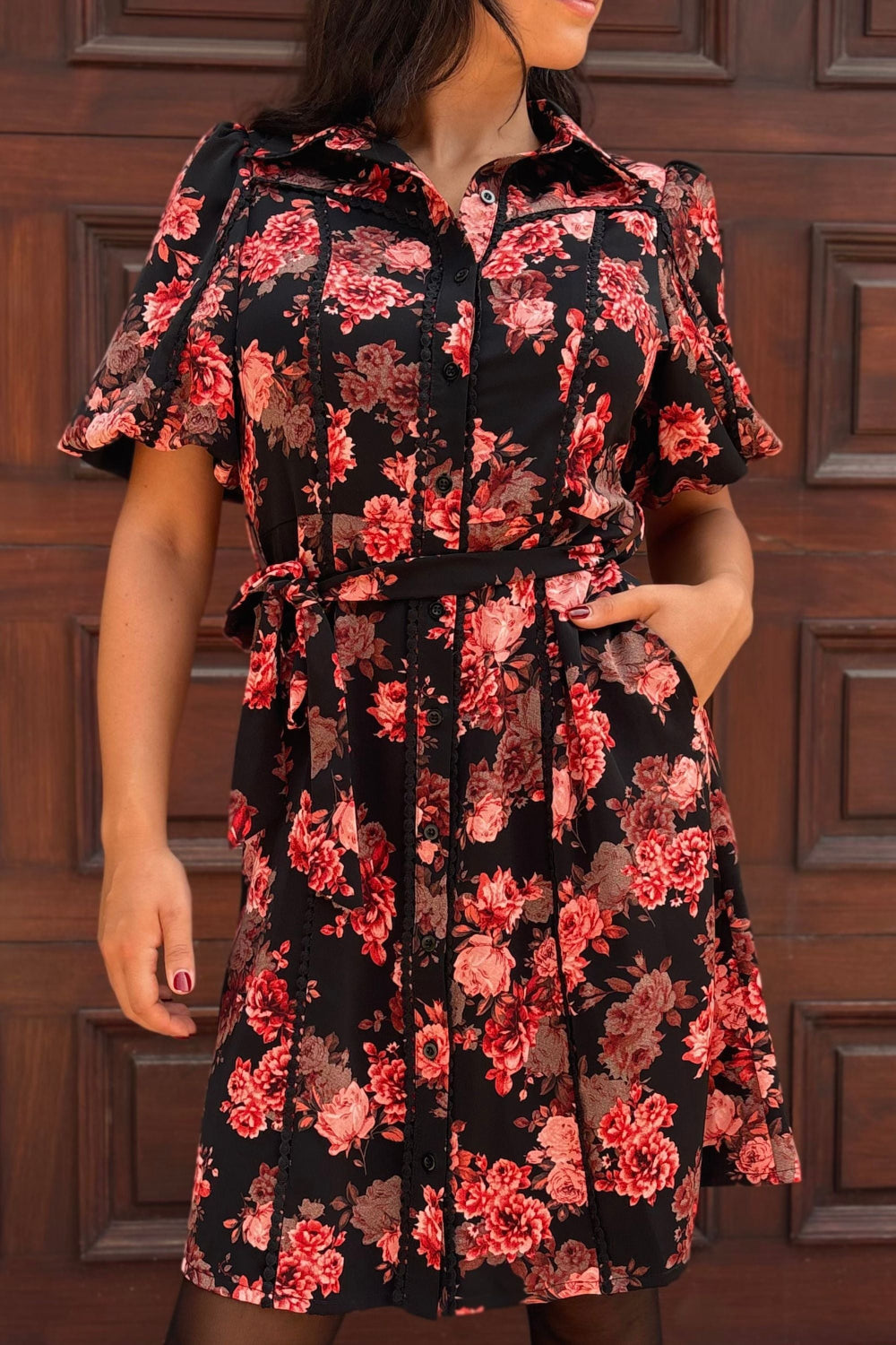 Ruby Black Floral Print Shirt Dress Belted Short Sleeves Button Front - Velora Luxury Fashion