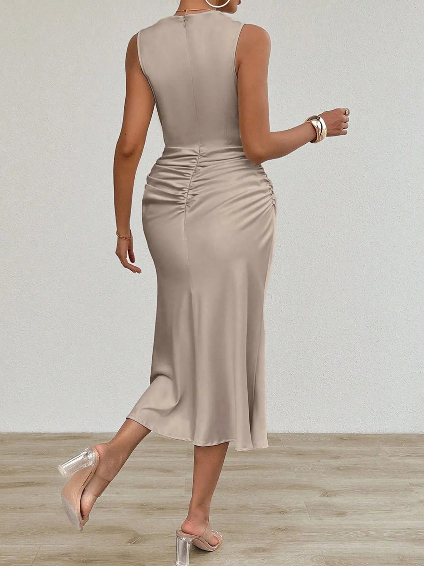 Ruched Round Neck Sleeveless Midi Dress - Velora Luxury Fashion