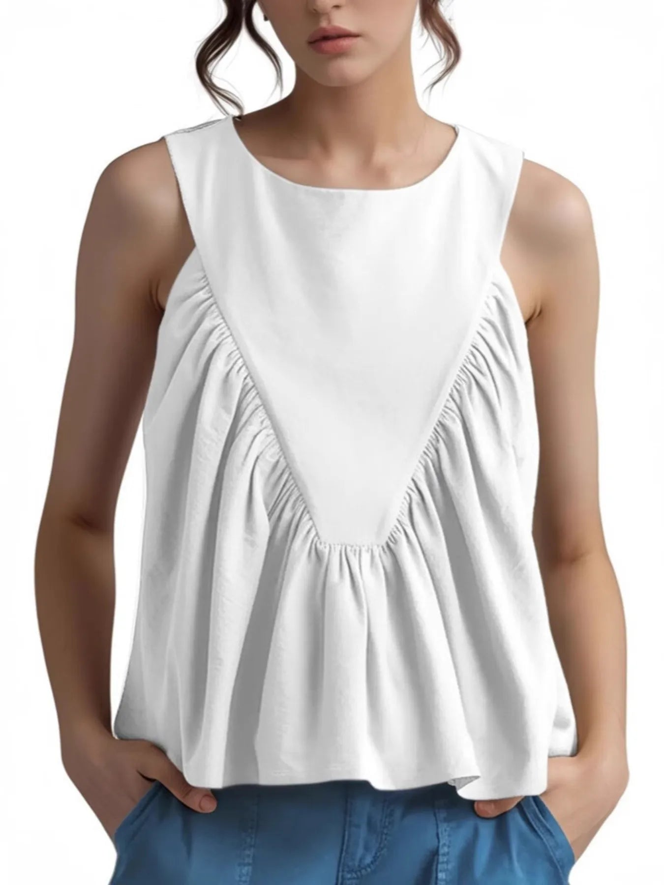 Ruched Round Neck Tank Top - Velora Luxury Fashion