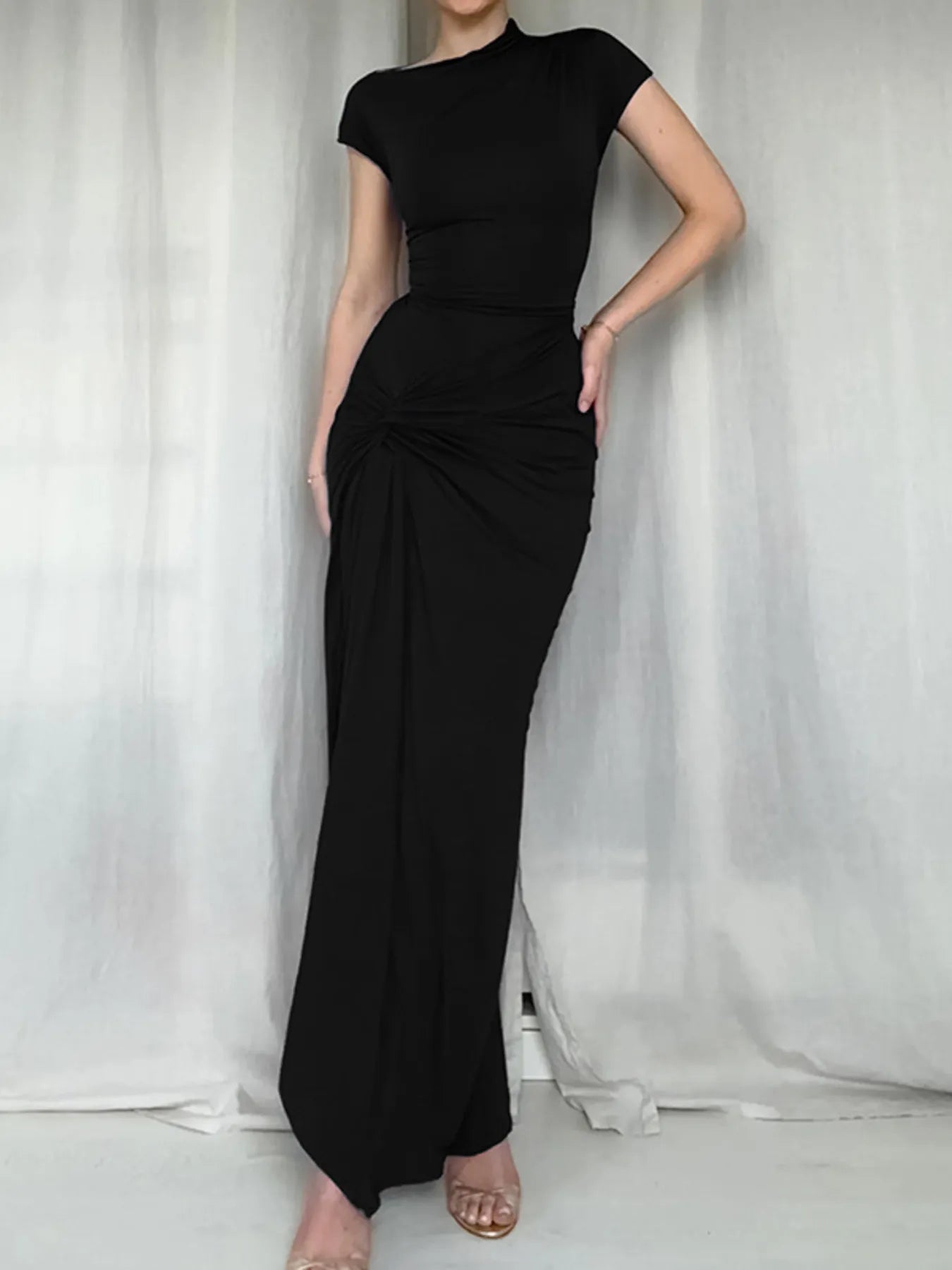 Ruched Slit Cap Sleeve Maxi Dress - Velora Luxury Fashion