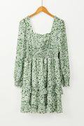 Ruffle Hem Floral Square Neck Long Sleeve Dress - Velora Luxury Fashion