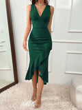 Ruffle Hem V-Neck Bodycon Dress - Velora Luxury Fashion