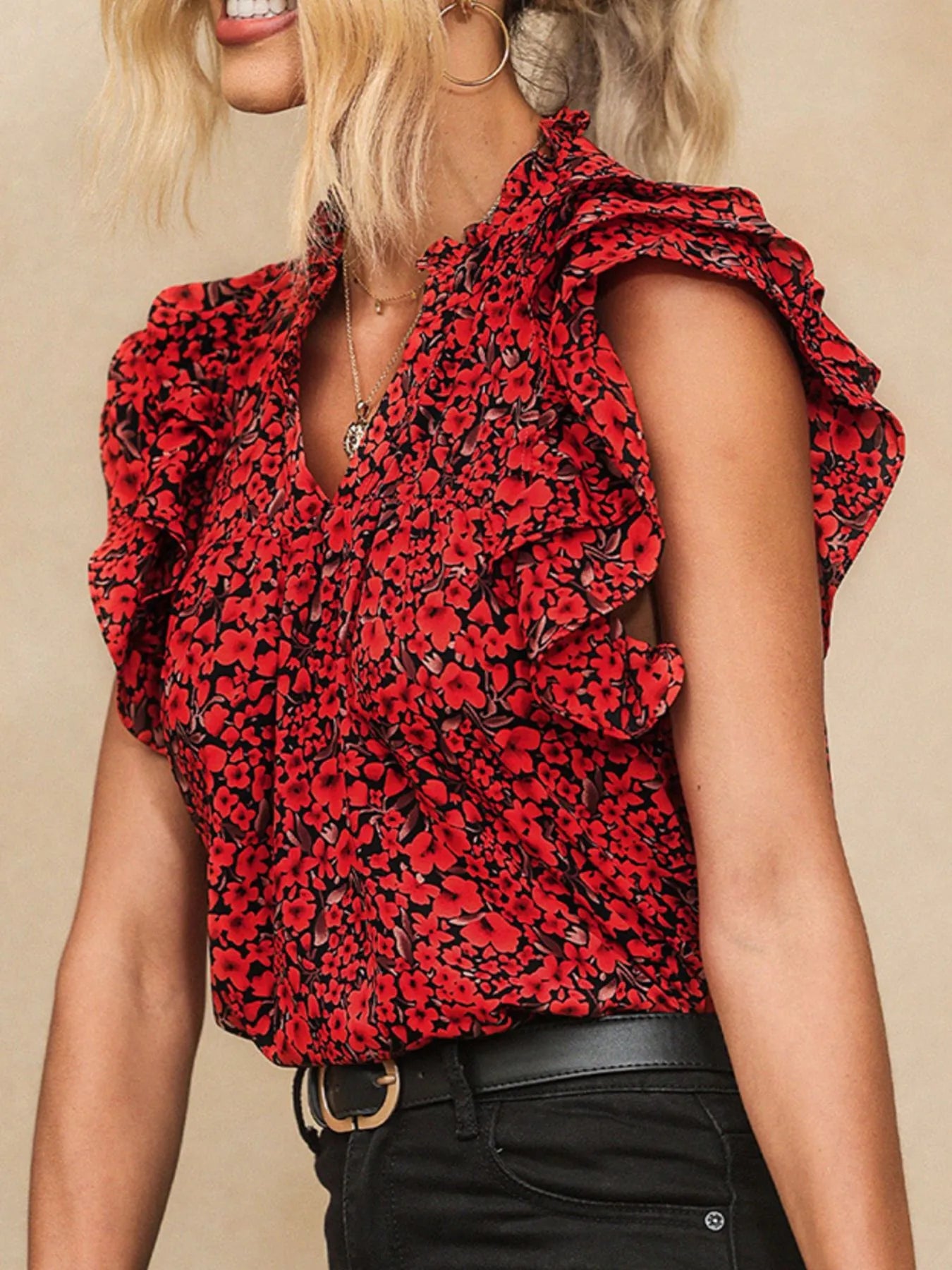 Ruffle Sleeve Notched Blouse - Velora Luxury Fashion