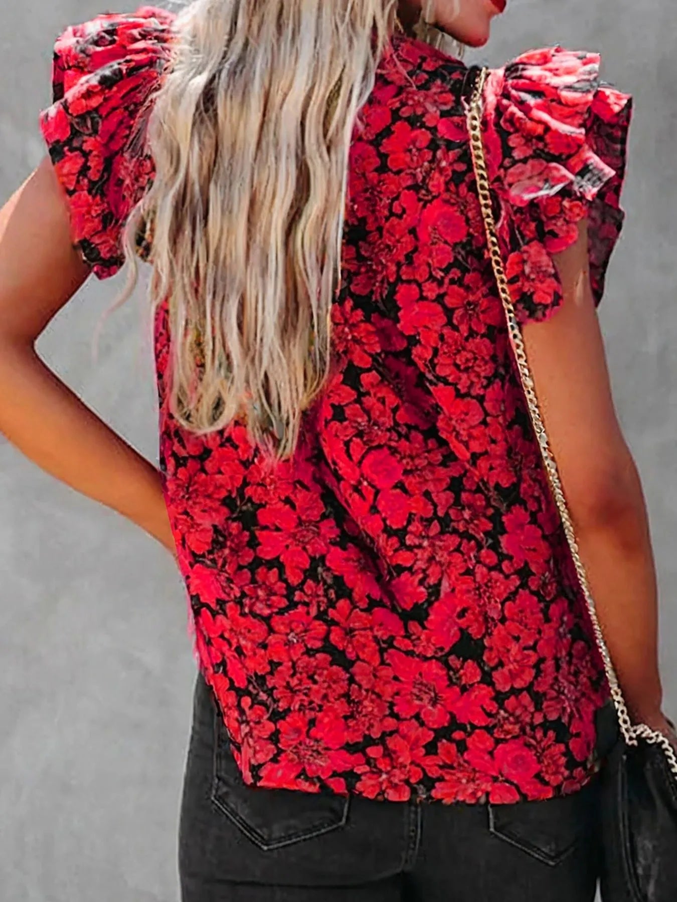 Ruffle Sleeve Notched Blouse - Velora Luxury Fashion