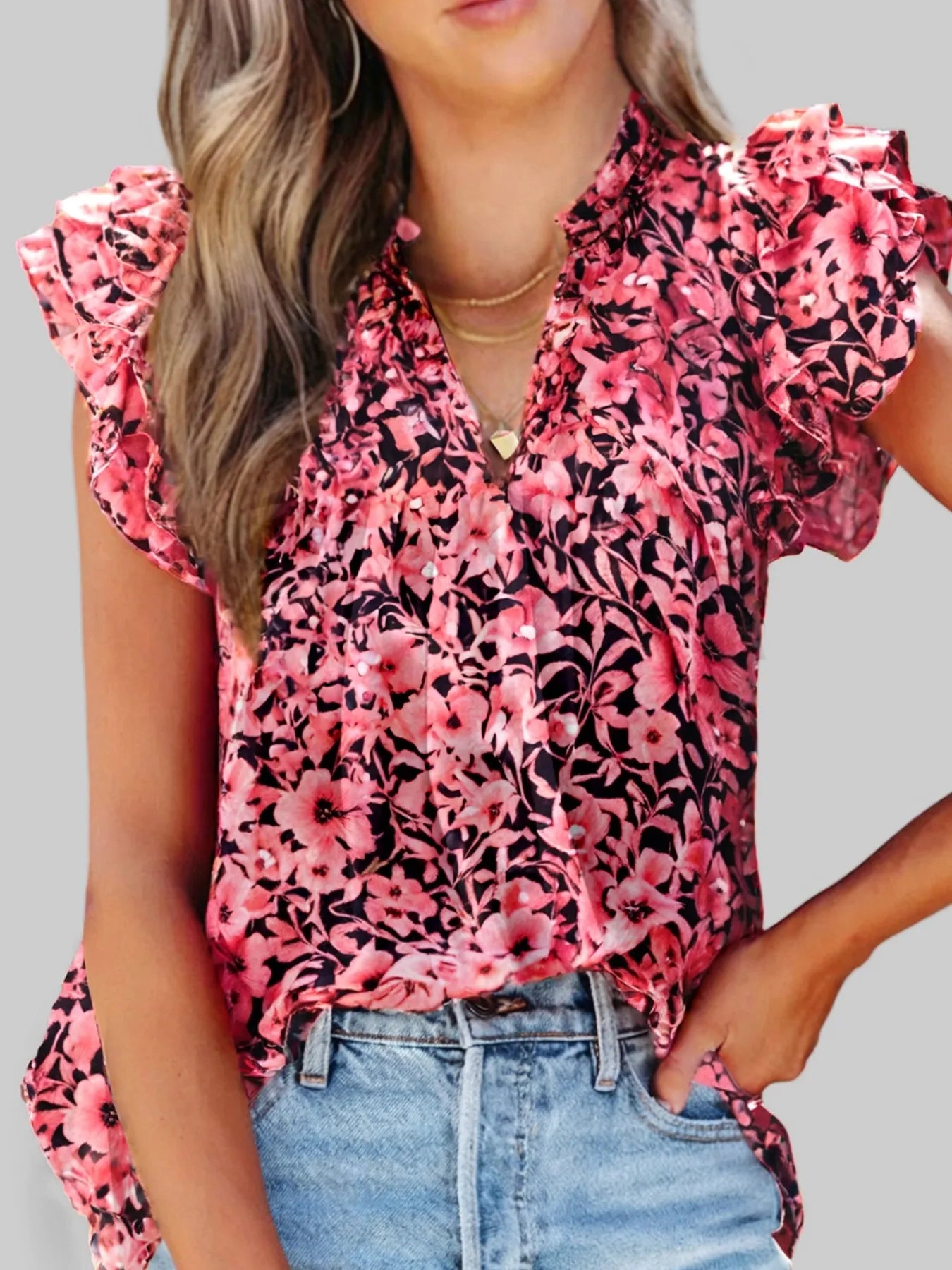 Ruffle Sleeve Notched Blouse - Velora Luxury Fashion