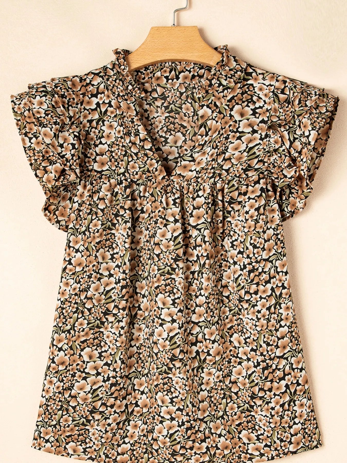 Ruffle Sleeve Notched Blouse - Velora Luxury Fashion