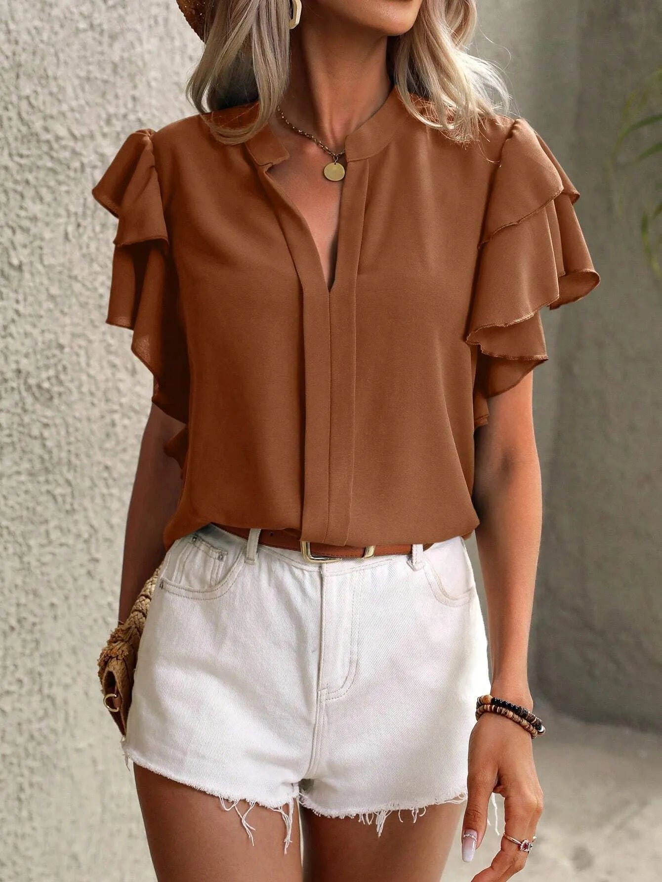 Ruffle Sleeve Notched Blouse - Velora Luxury Fashion