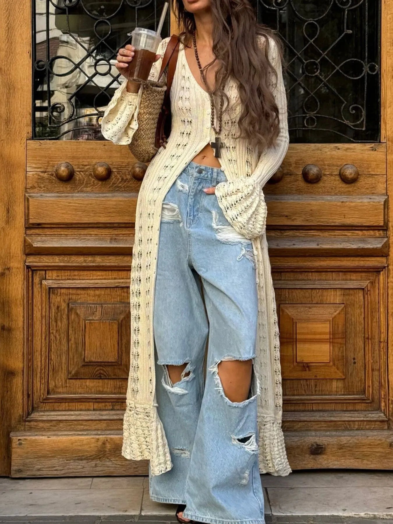 Ruffled Hem Openwork Longline Cardigan - Velora Luxury Fashion