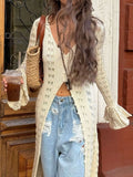 Ruffled Hem Openwork Longline Cardigan - Velora Luxury Fashion
