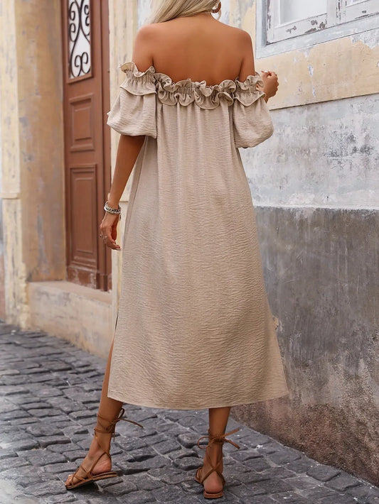 Ruffled Off-Shoulder Puff Sleeve Midi Dress - Velora Luxury Fashion