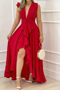 Ruffled Plunge Sleeveless Maxi Dress - Velora Luxury Fashion