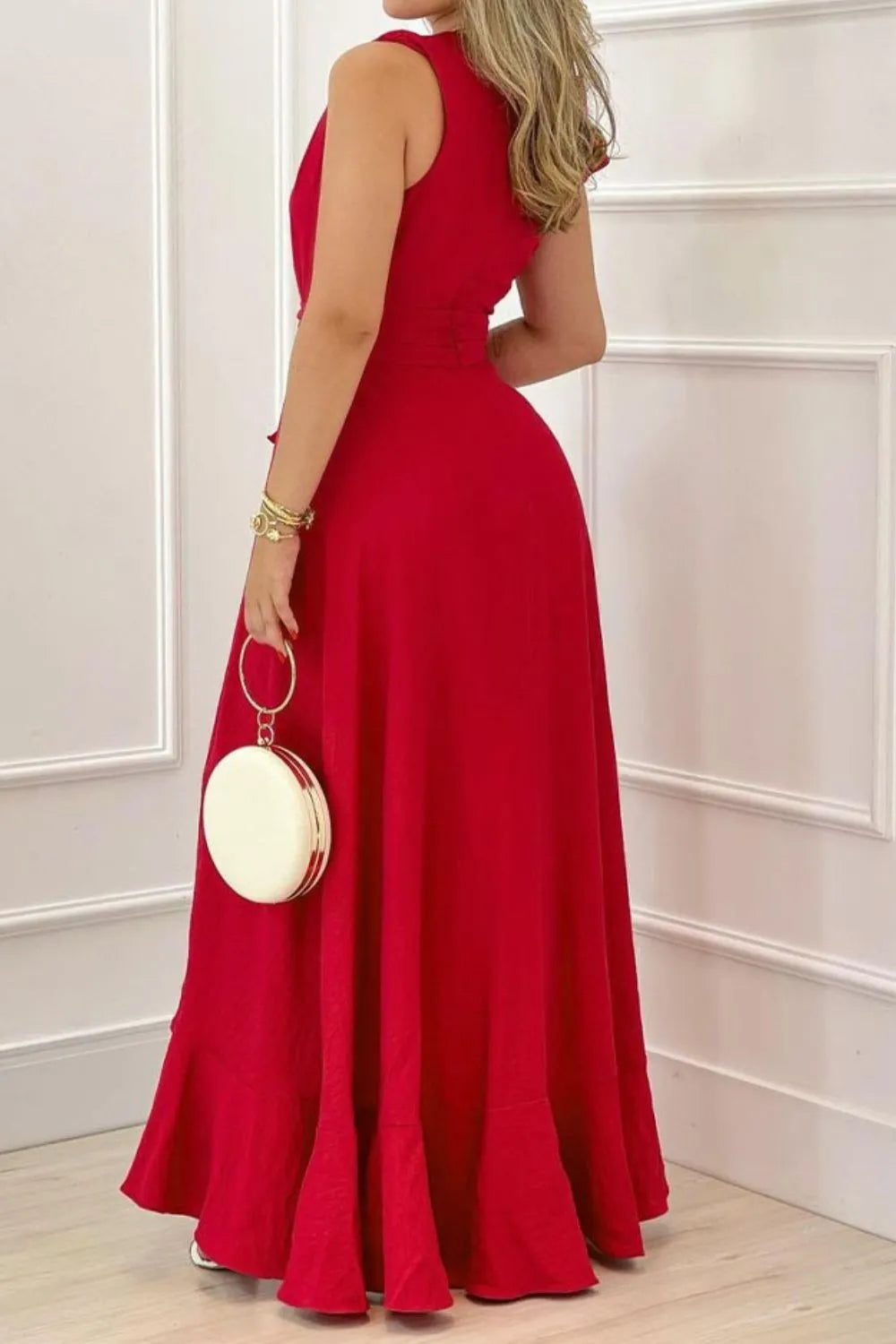 Ruffled Plunge Sleeveless Maxi Dress - Velora Luxury Fashion