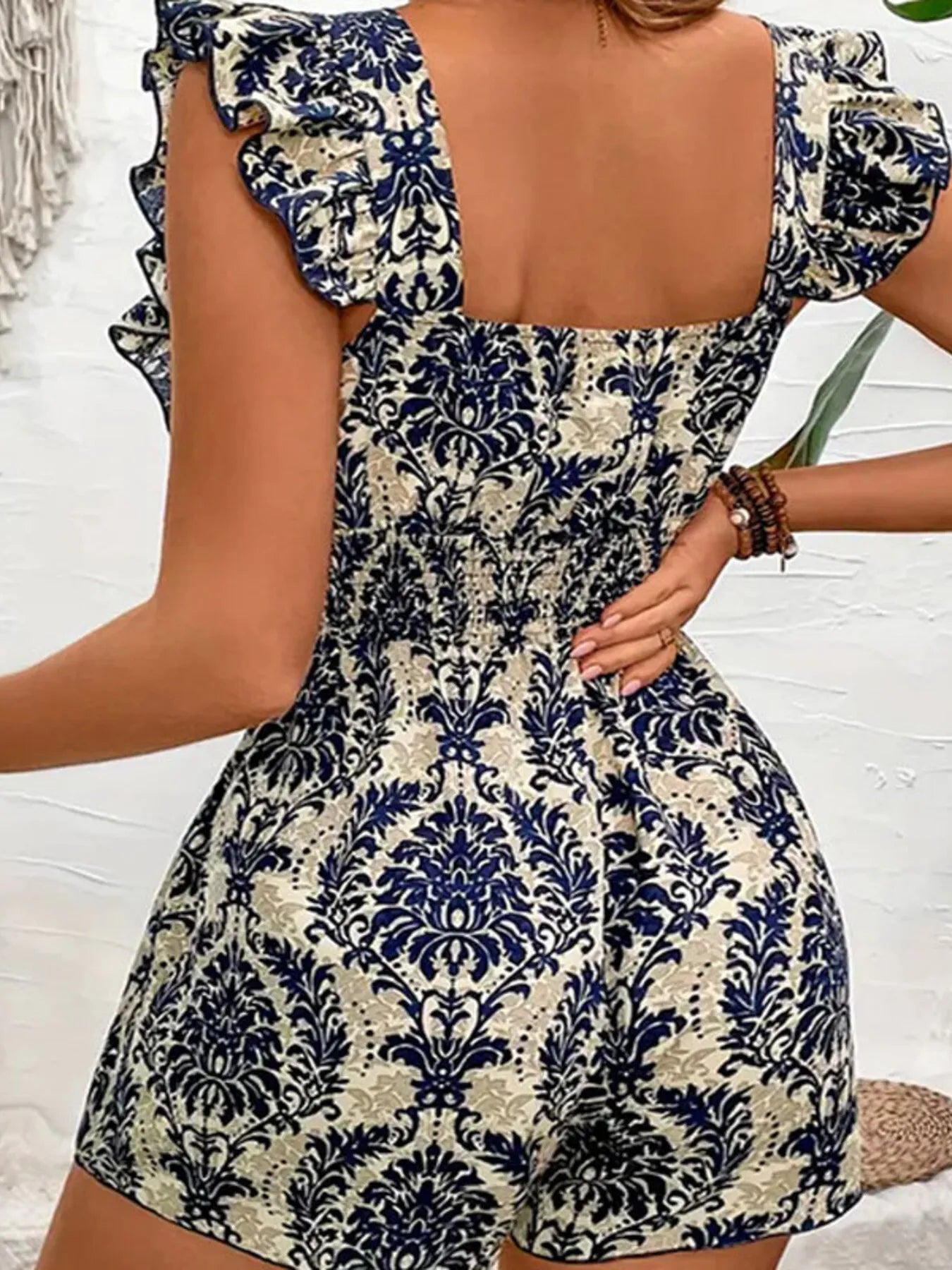 Ruffled Printed Square Neck Romper - Velora Luxury Fashion