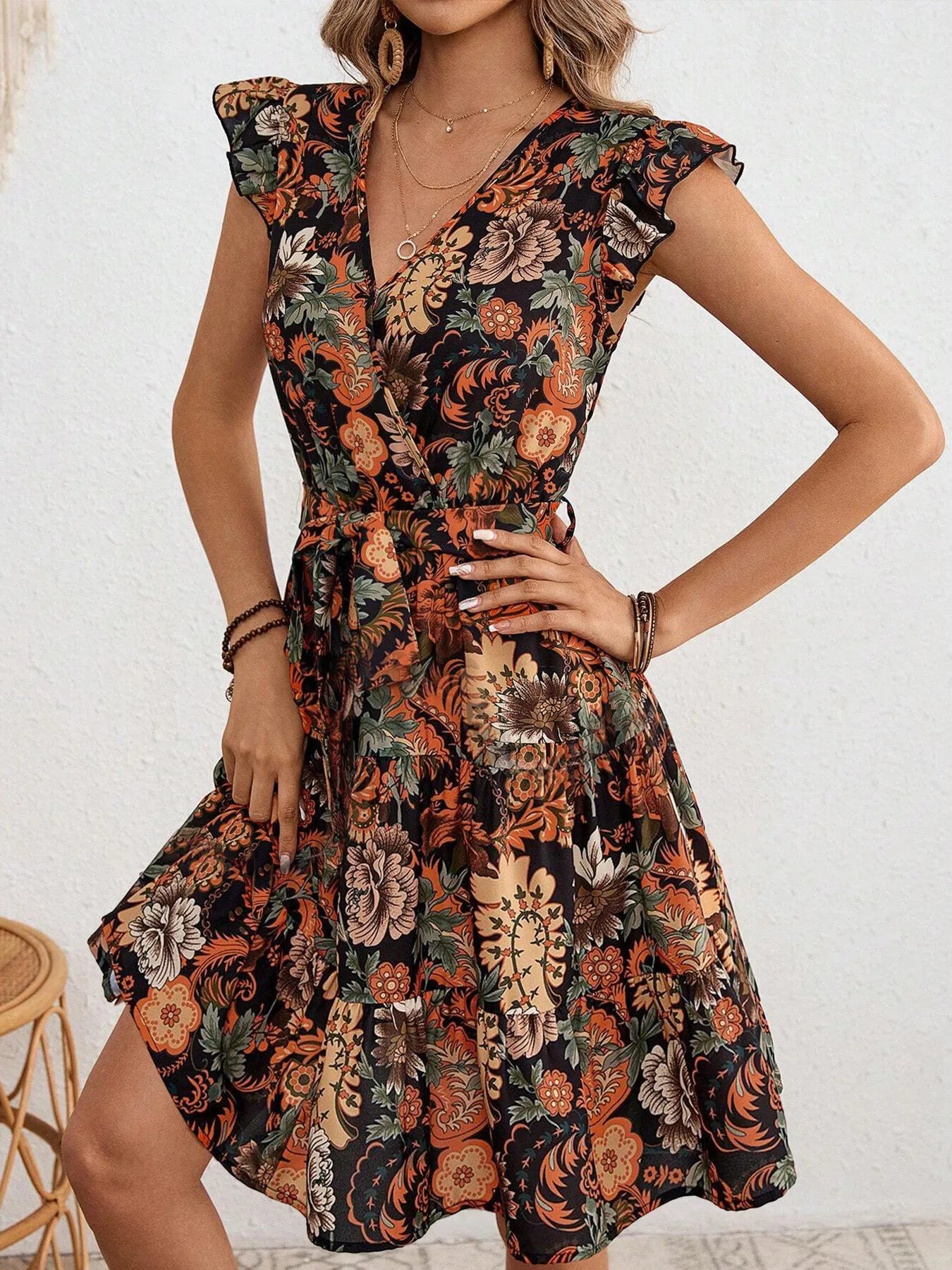 Ruffled Printed Surplice Cap Sleeve Dress - Velora Luxury Fashion