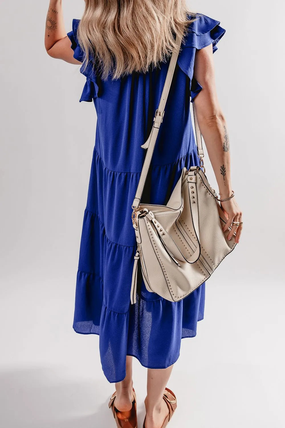 Ruffled Short Sleeve Collared V Neck Tiered Midi Dress - Velora Luxury Fashion