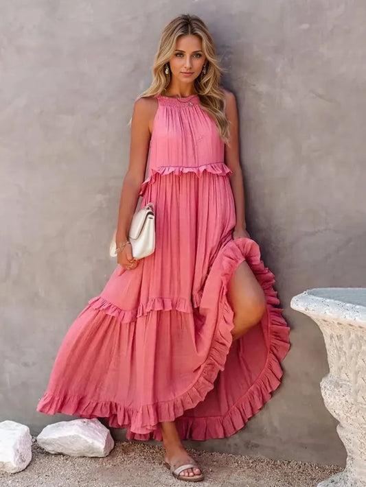 Ruffled Sleeveless Tiered Maxi Dress with Pockets - Velora Luxury Fashion