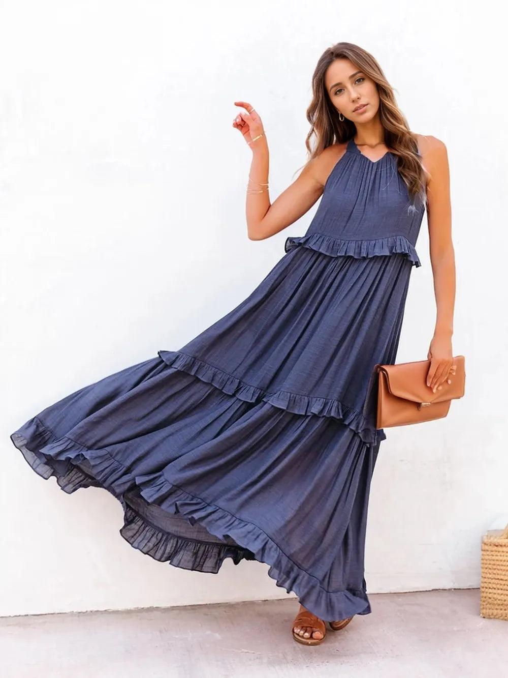 Ruffled Sleeveless Tiered Maxi Dress with Pockets - Velora Luxury Fashion