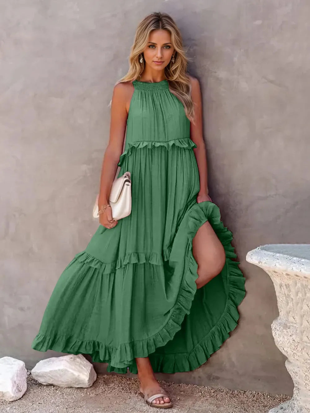 Ruffled Sleeveless Tiered Maxi Dress with Pockets - Velora Luxury Fashion