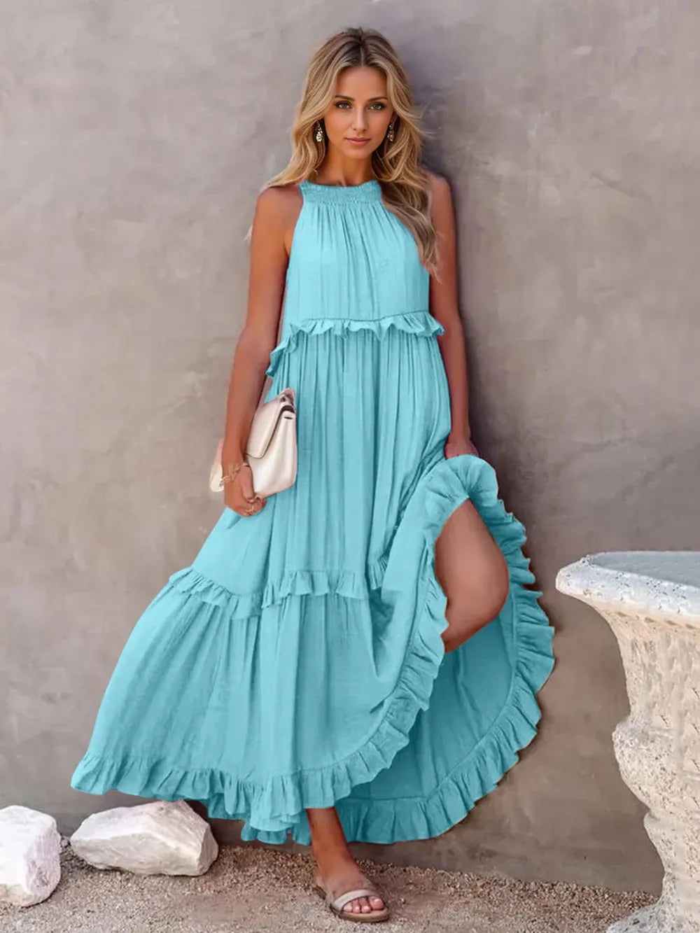 Ruffled Sleeveless Tiered Maxi Dress with Pockets - Velora Luxury Fashion